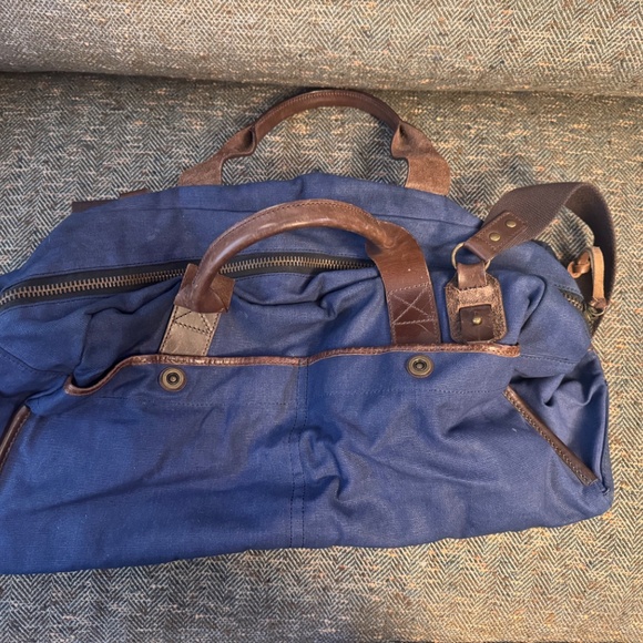 J. Fold Roadster Duffel Bag Blue Canvas Brown & Leather (Authentic Pre-Owned) - Picture 6 of 15